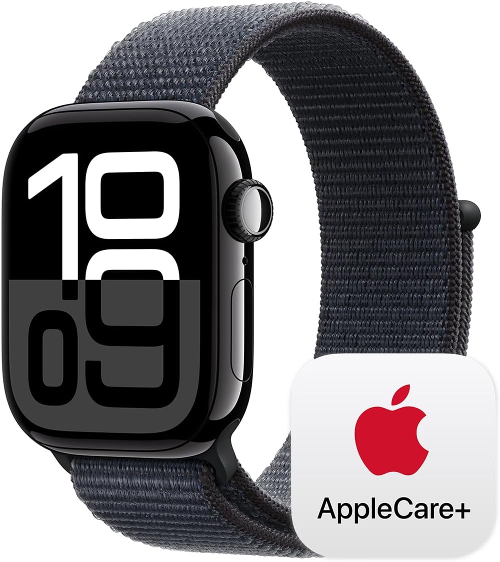 Apple Watch Series 10 [GPS 46mm case] Smartwatch with Jet Black Aluminium Case with Black Sport Band - M/L. Fitness Tracker, ECG App, Always-On Retina Display, Water Resistant