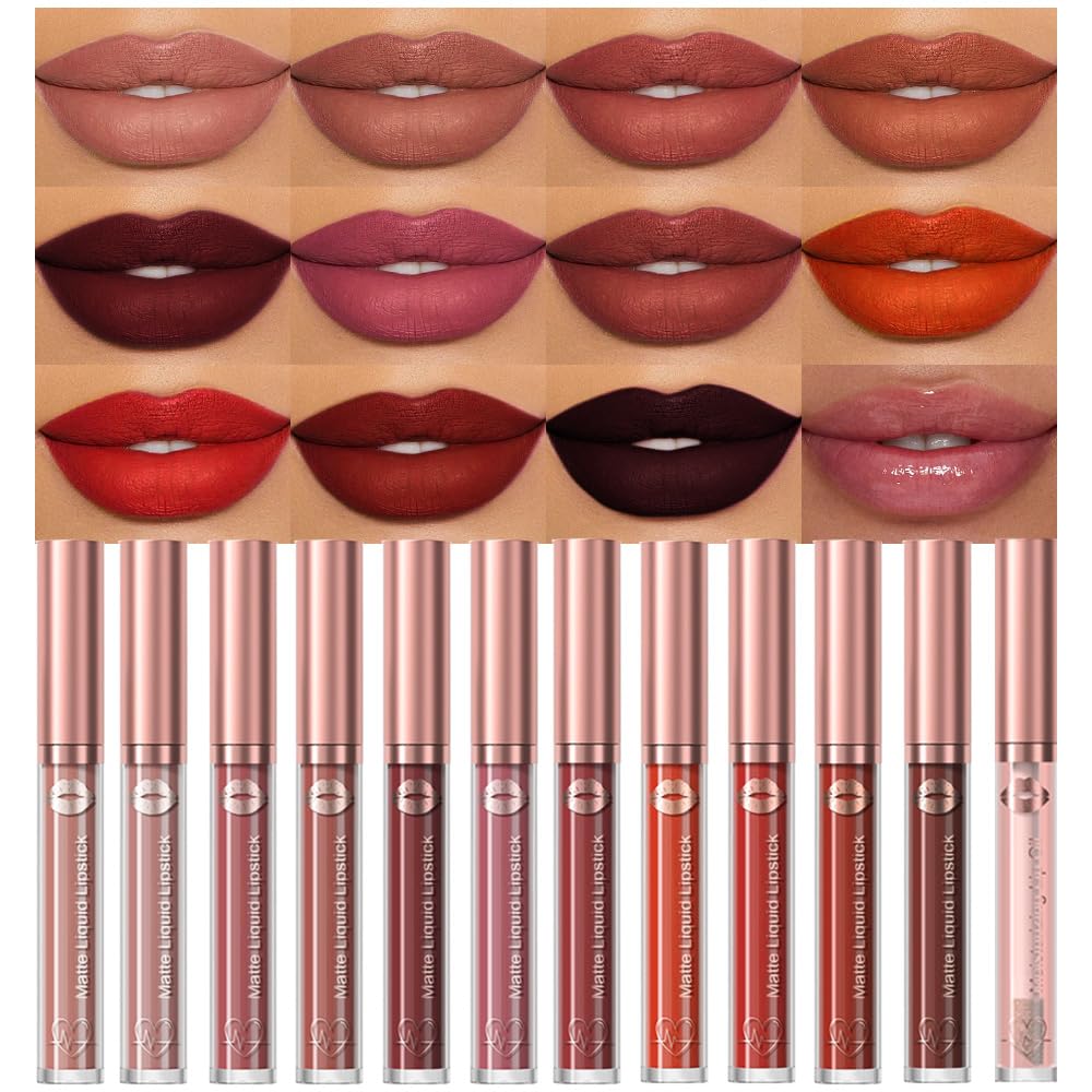 evpct 6Pcs Lipstick Matte Liquid Lipstick Lipgloss Set for Women, Dark Deep Bright Ruby Sexy Brick Red Mauve labiales mate 24 horas originales matte larga duracion 24 Hour Lipstick Long Lasting