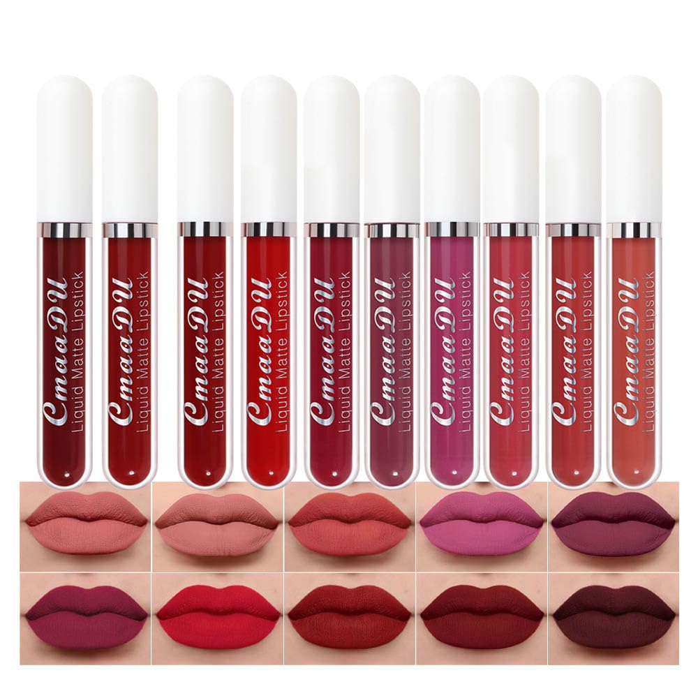 evpct 6Pcs Lipstick Matte Liquid Lipstick Lipgloss Set for Women, Dark Deep Bright Ruby Sexy Brick Red Mauve labiales mate 24 horas originales matte larga duracion 24 Hour Lipstick Long Lasting