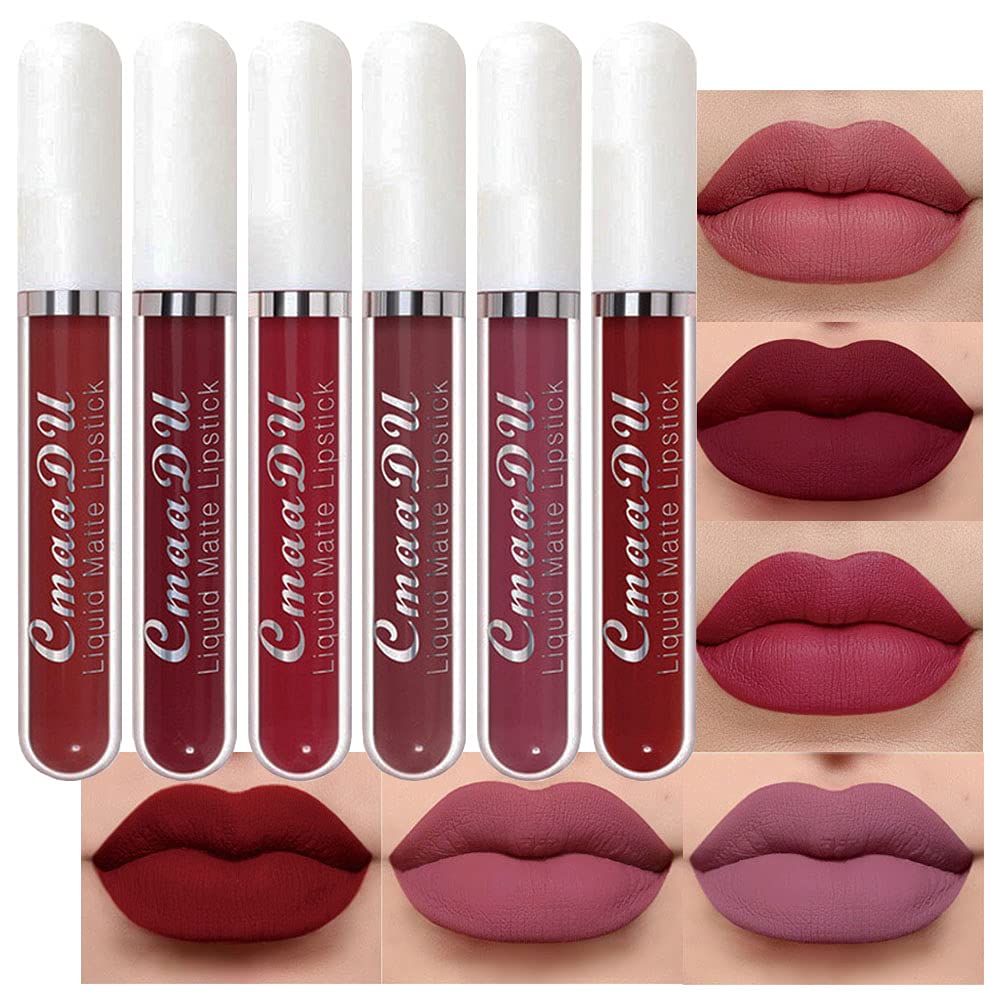 evpct 6Pcs Lipstick Matte Liquid Lipstick Lipgloss Set for Women, Dark Deep Bright Ruby Sexy Brick Red Mauve labiales mate 24 horas originales matte larga duracion 24 Hour Lipstick Long Lasting