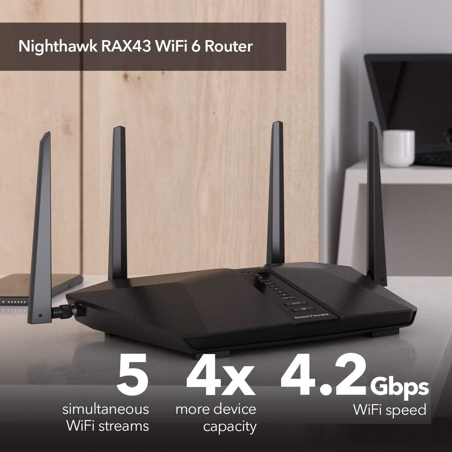 NETGEAR Nighthawk 5-Stream AX5 WiFi 6 Router (RAX43) AX4200 Wireless Speed (Up to 4.2 Gbps) | 2,000 sq. ft. Coverage (Renewed)