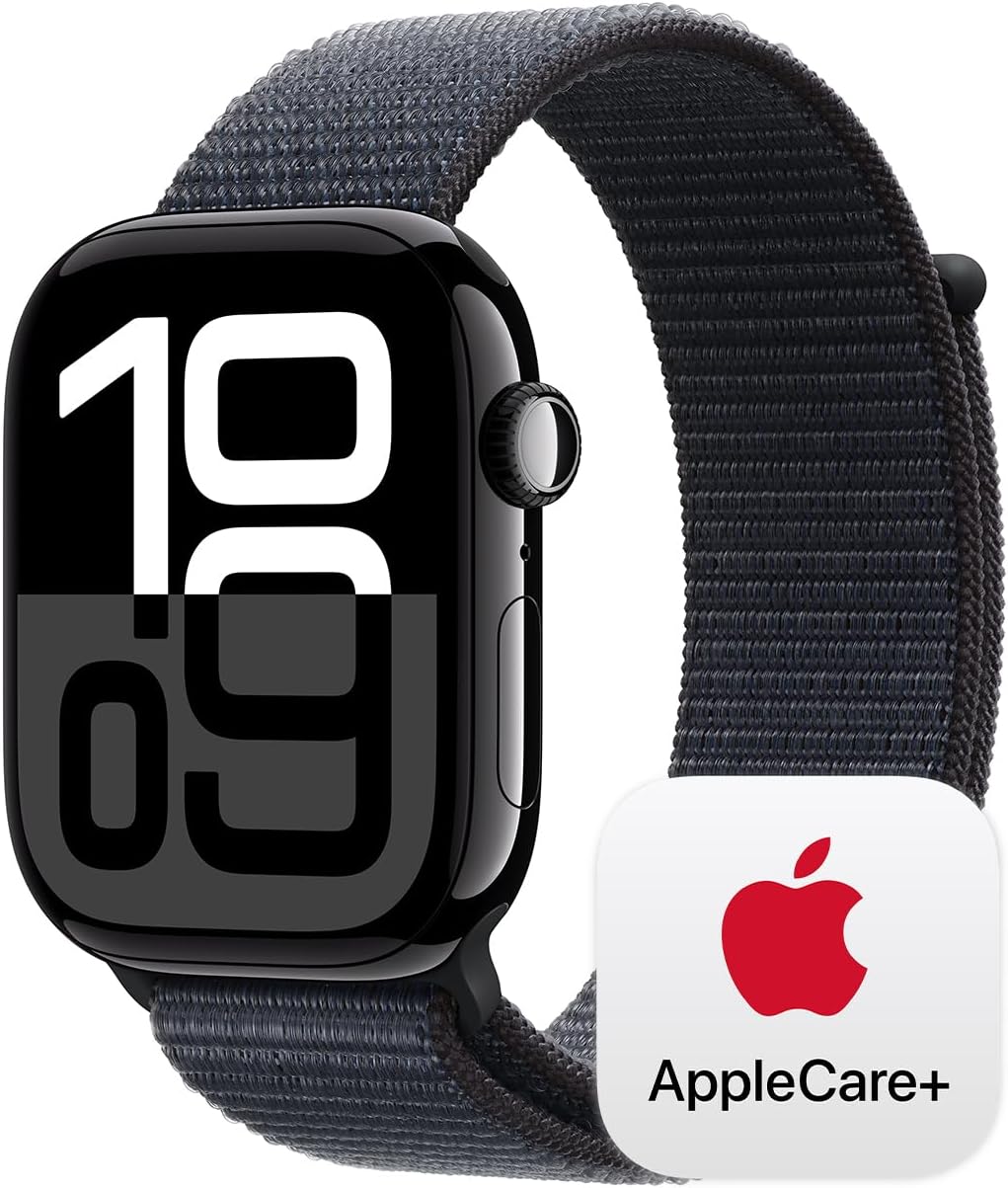 Apple Watch Series 10 [GPS 46mm case] Smartwatch with Jet Black Aluminium Case with Black Sport Band - M/L. Fitness Tracker, ECG App, Always-On Retina Display, Water Resistant