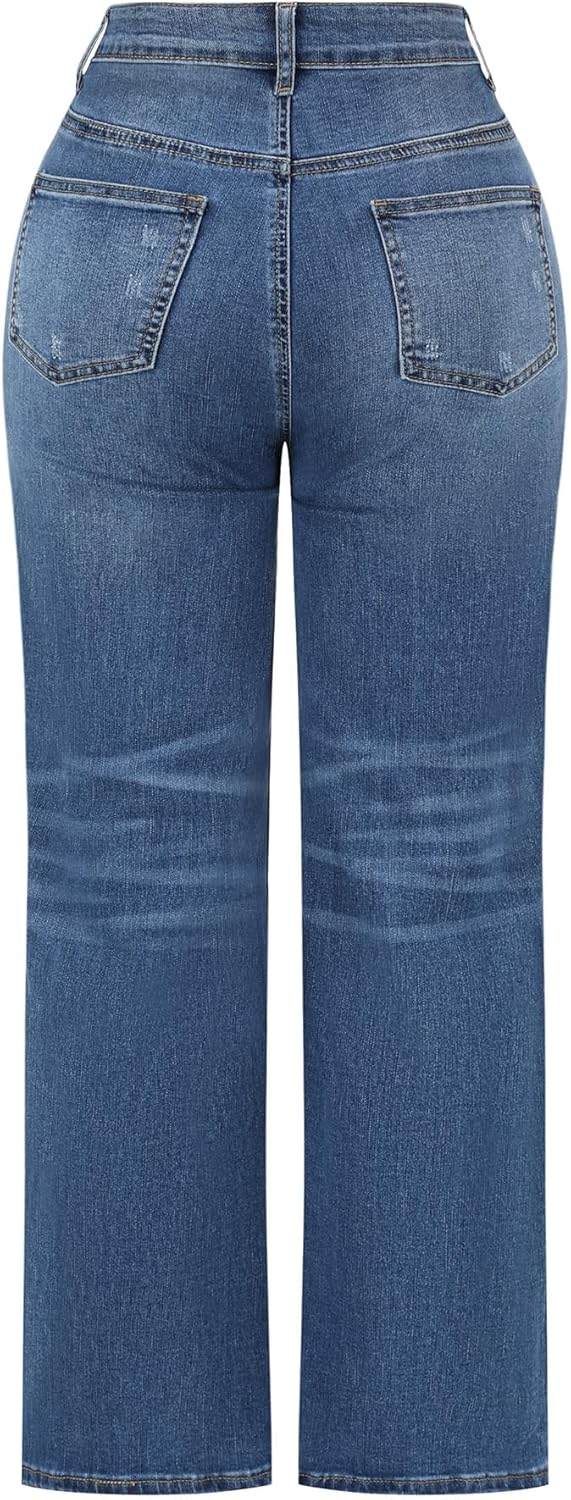 THUNDER STAR Womens High Waisted Wide Leg Jeans Stretchy Distressed Denim Pants