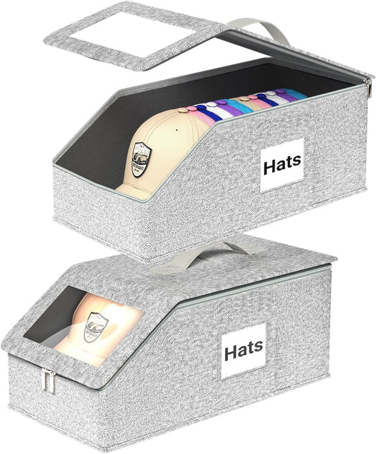 Hat Organzier for Baseball Caps - 2 PCS Stackable Hat Storage Holder Holds up to 26 Caps for Closet, Dust-Proof Hat Boxes Container with Clear Window for Home