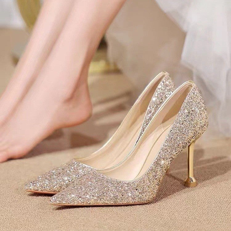 French Wedding Shoes Hexiu Wedding Bridal Shoes Summer Women's Golden Crystal High Heels Stiletto Heel Princess Wedding Bridesmaid Shoes