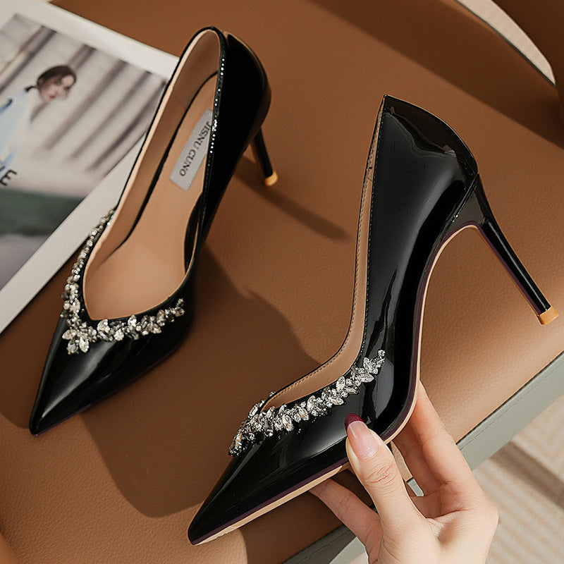 New Stiletto Heel Pointed French Style Elegant Rhinestone Single Shoes