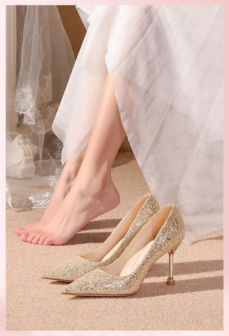 French Wedding Shoes Hexiu Wedding Bridal Shoes Summer Women's Golden Crystal High Heels Stiletto Heel Princess Wedding Bridesmaid Shoes