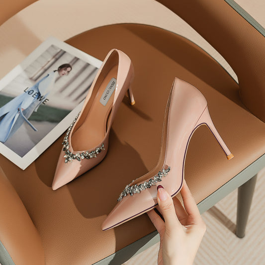 New Stiletto Heel Pointed French Style Elegant Rhinestone Single Shoes