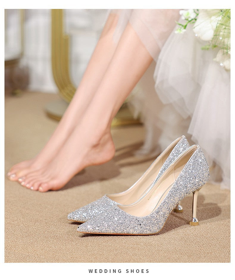 French Wedding Shoes Hexiu Wedding Bridal Shoes Summer Women's Golden Crystal High Heels Stiletto Heel Princess Wedding Bridesmaid Shoes