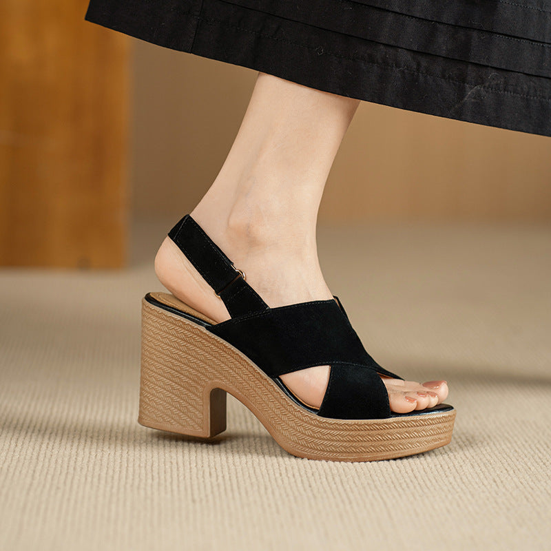 Women Summer New Style Thick-Heeled Waterproof Platform Open-Toe Wide Strap Shoes