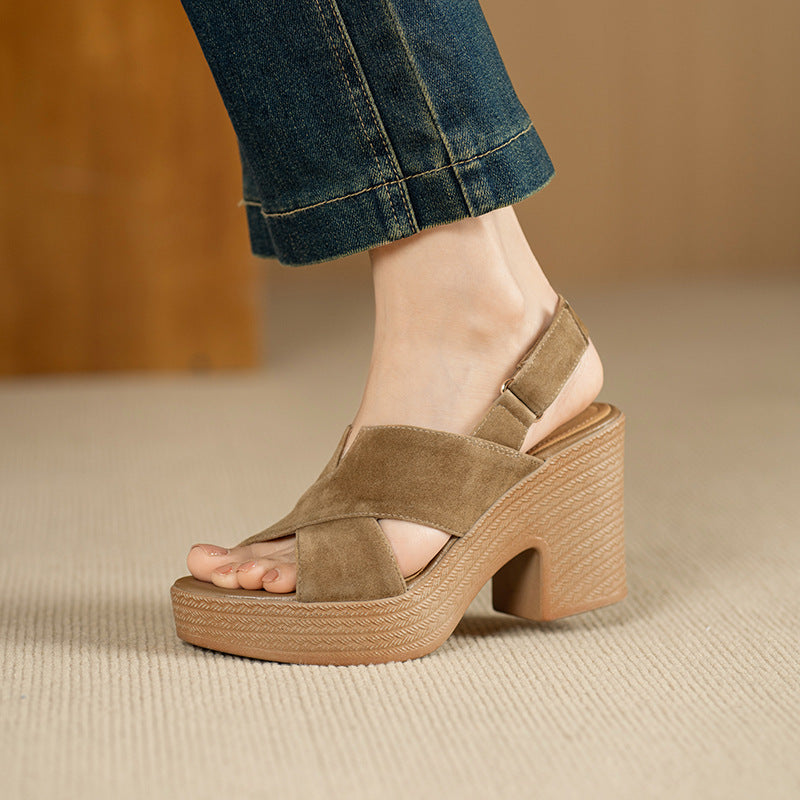 Women Summer New Style Thick-Heeled Waterproof Platform Open-Toe Wide Strap Shoes
