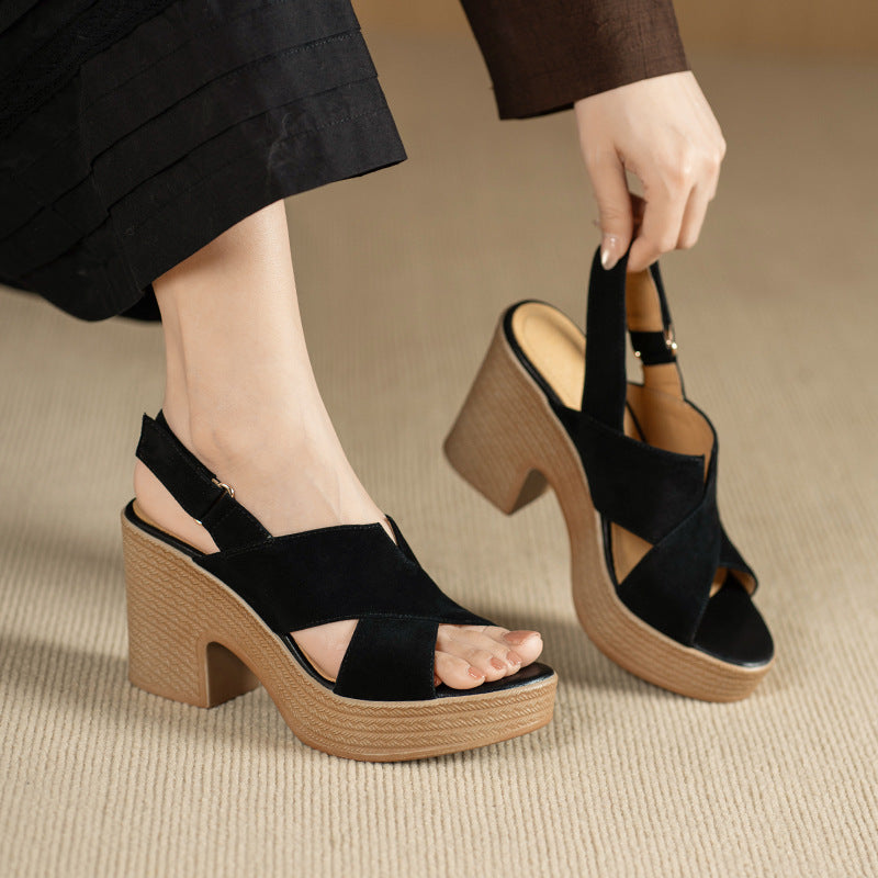 Women Summer New Style Thick-Heeled Waterproof Platform Open-Toe Wide Strap Shoes