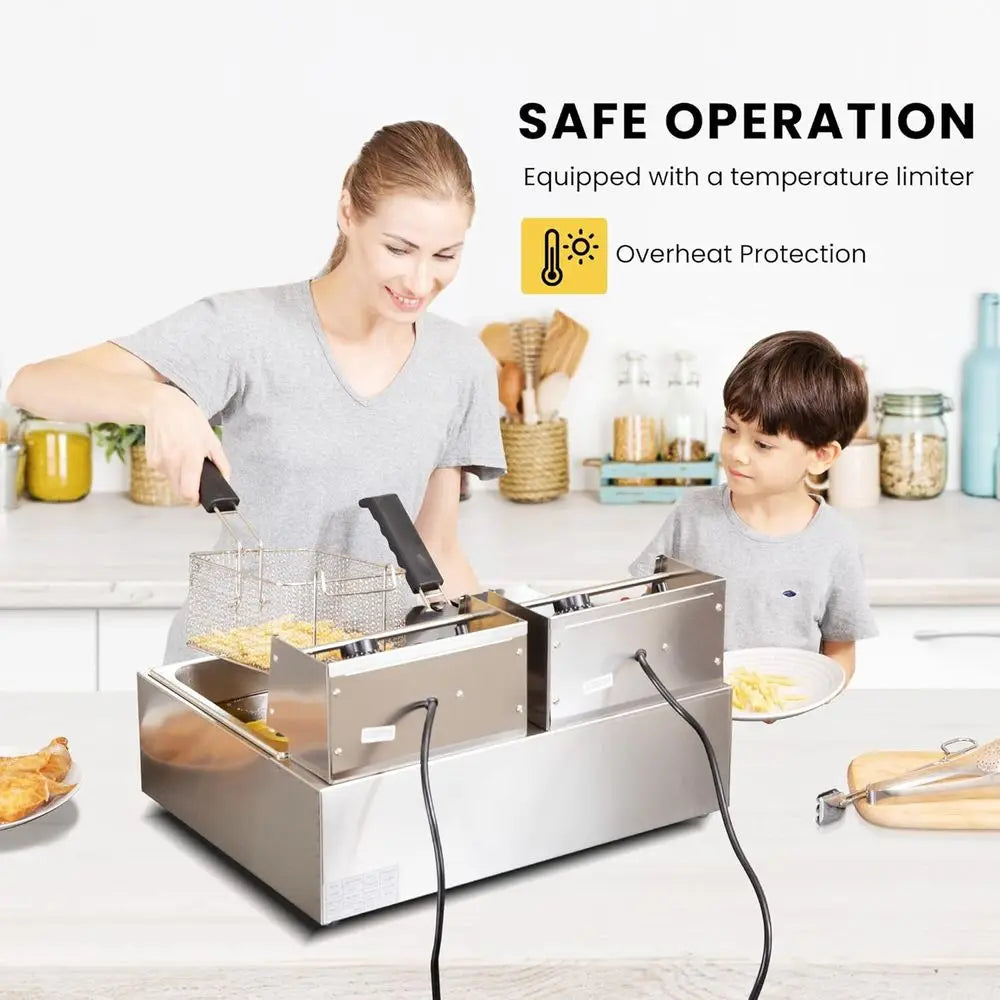 110V 20.7 Qt Commercial Electric Deep ryer with 2 x 6.35 QT Removable Baskets, Overheat Protection