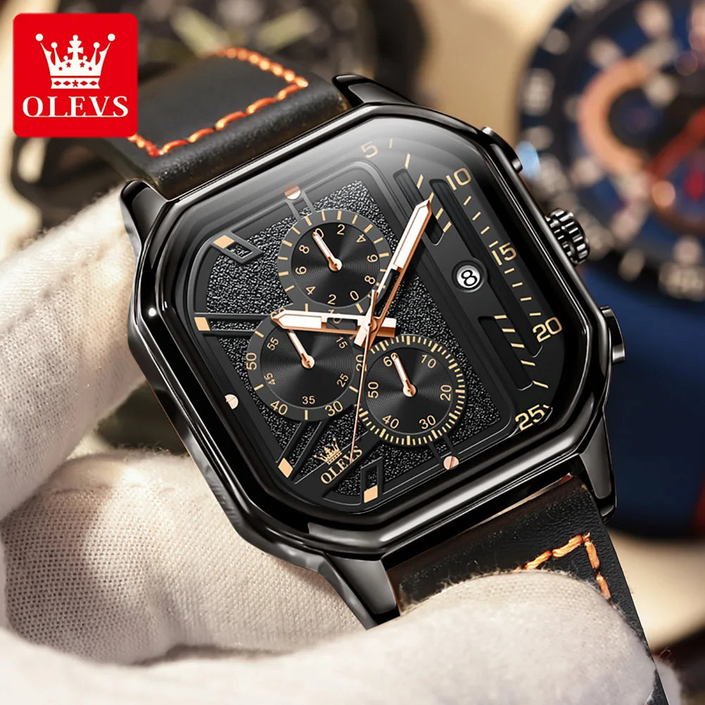 OLEVS 9950 Watches for Men Quartz Chronograph Leather Fashion Dress Watch Date Waterproof Luminous Casual Square Man Wristwatch