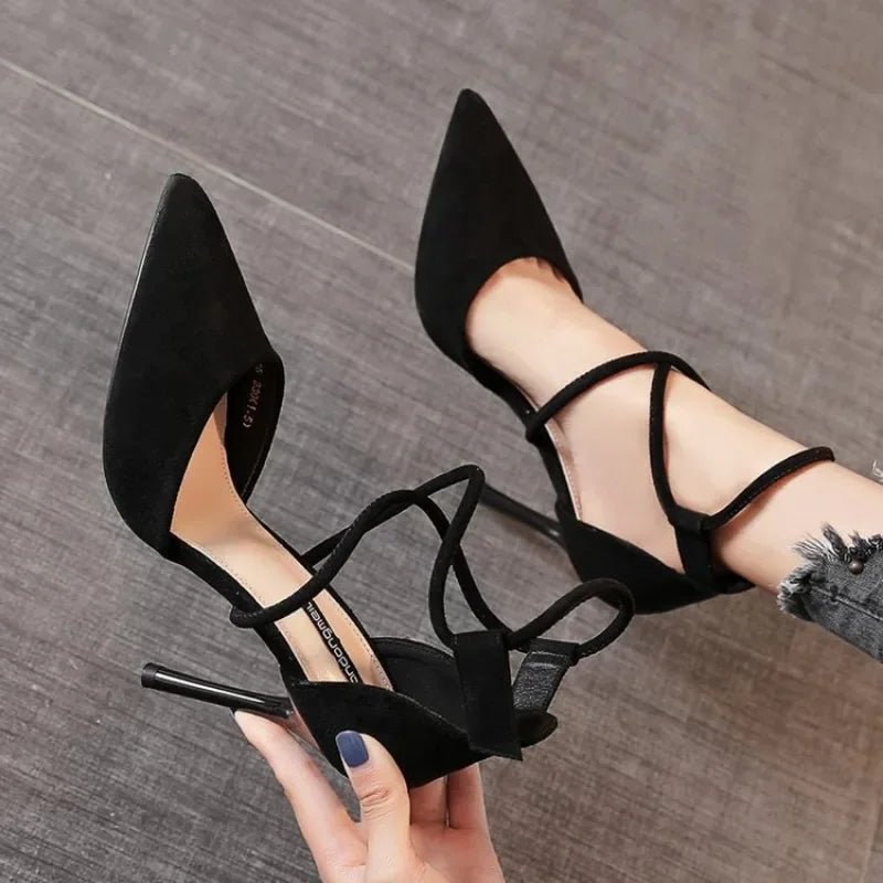 New Cross-strap Roman Sandals Suede High Heels Women's Shoes One-line Buckle