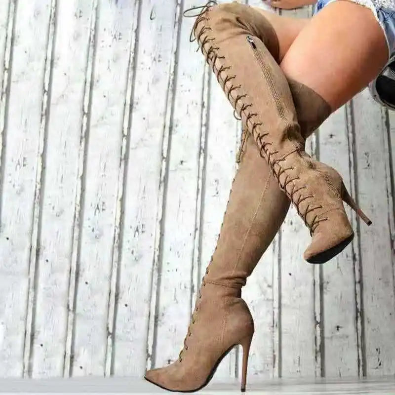 Women's Boots Pointed Toe Over The Knee Boots Autumn Winter Sexy High Heels Solid Color Casual Boot Lace Up Stiletto Long Boots