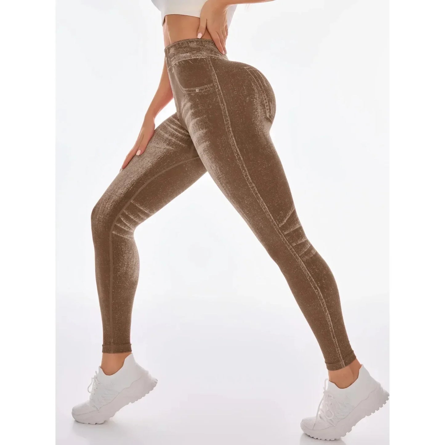 Women Seamless Printed High Waist Perforated Fake Pocket Leggings