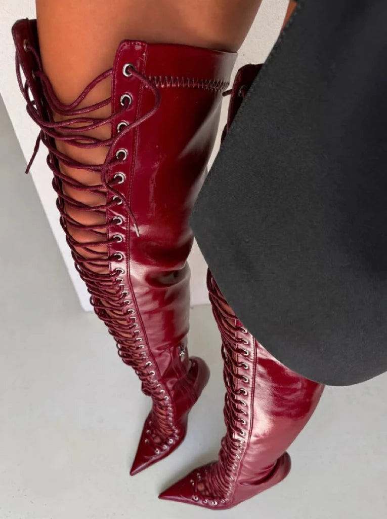 Spring/Summer Black Over The Knee Boots Women Pointed Toe Stiletto Heels Lace Up Cutout Side Zipper Sexy Club Party Dress Boots