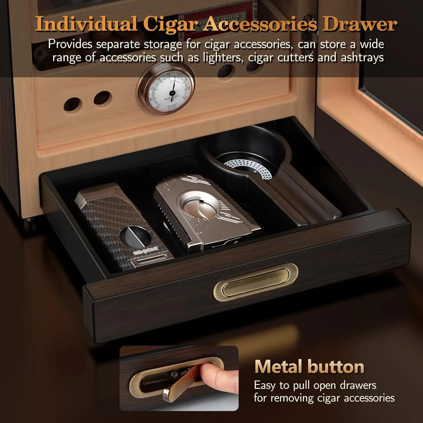 Cigar Humidor, Lighted Control Magnetic Door, with Cigar Accessory Drawer and 2 humidifiers 3 Layer Large Capacity Storage