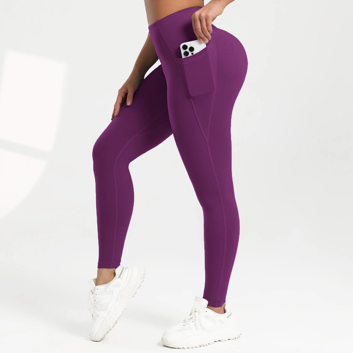 Solid Color High Waist Leggings with Pockets, All-Season Casual Sports Running Pants,