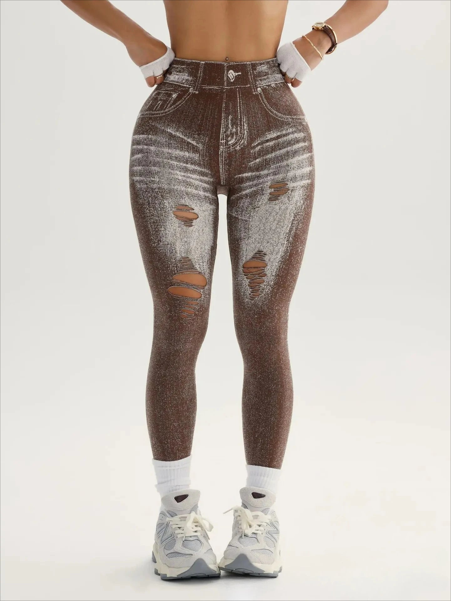 Women Seamless Printed High Waist Perforated Fake Pocket Leggings