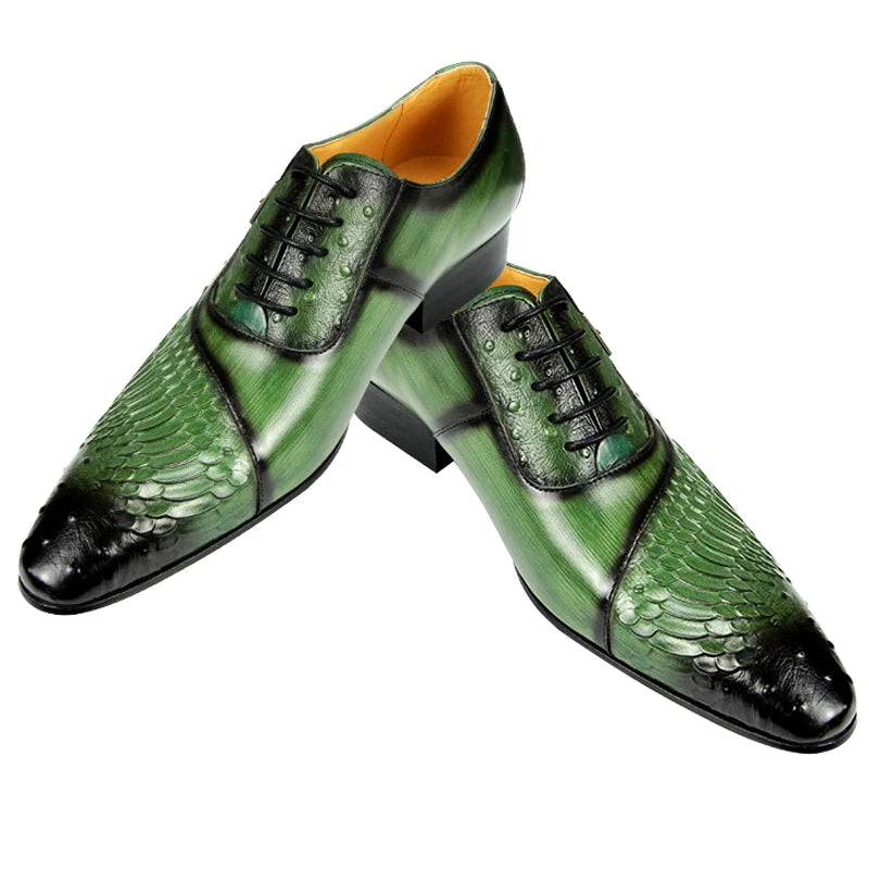 Luxury Men's Oxford Dress Shoes – British Carved Wingtip Leather Lace-Ups in Black & Green