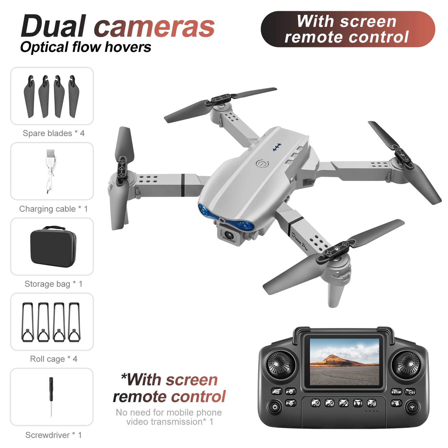 New E88 E99 Drone Remote Control with Screen Dual Camera Optical Flow Localization 2.4G RC Quadcopter One-button Take-off Drones