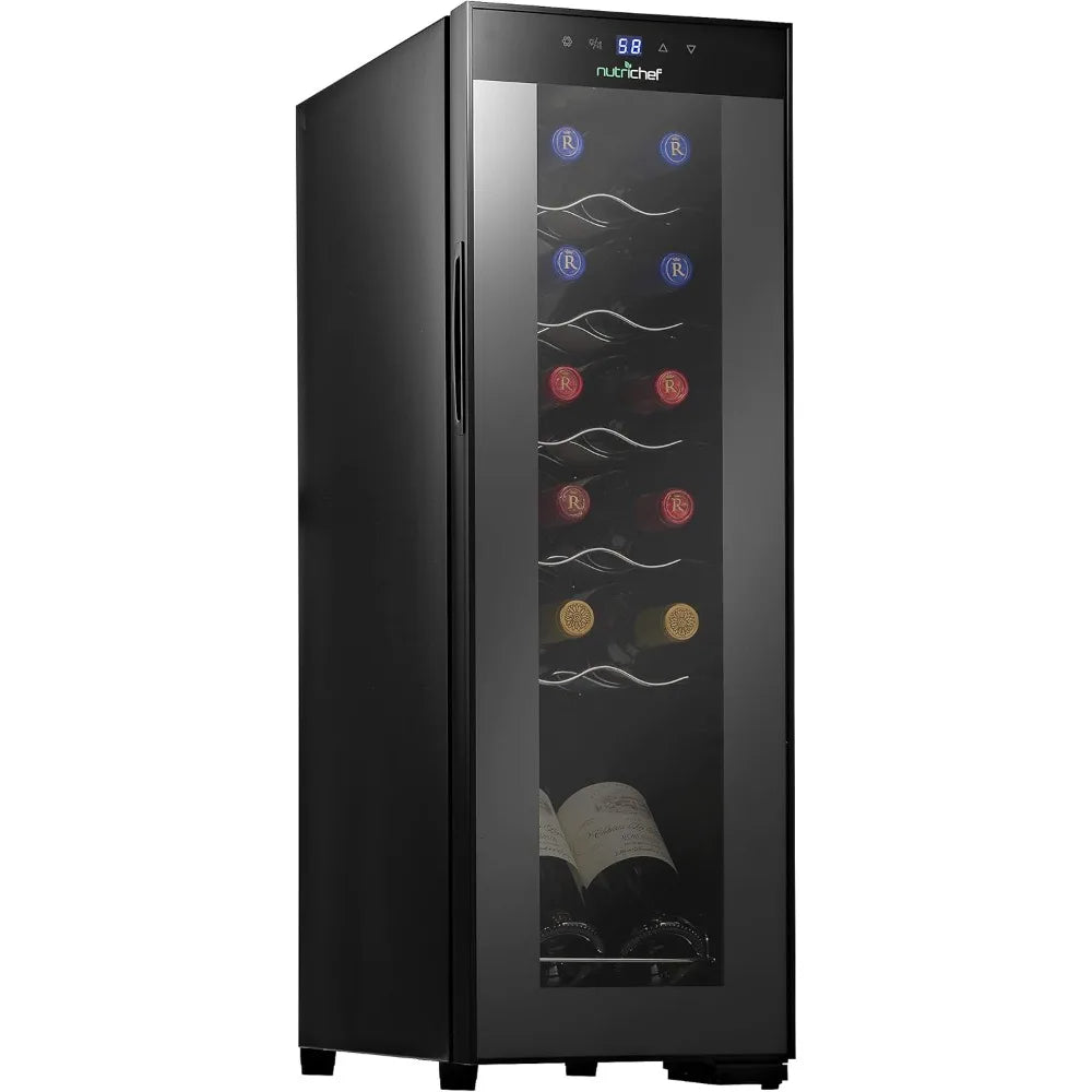 White & Red Cooler,Freestanding Countertop Compact Mini Wine Fridge Chiller Capacity, Digital Control,Glass Door,12 Bottle-Black