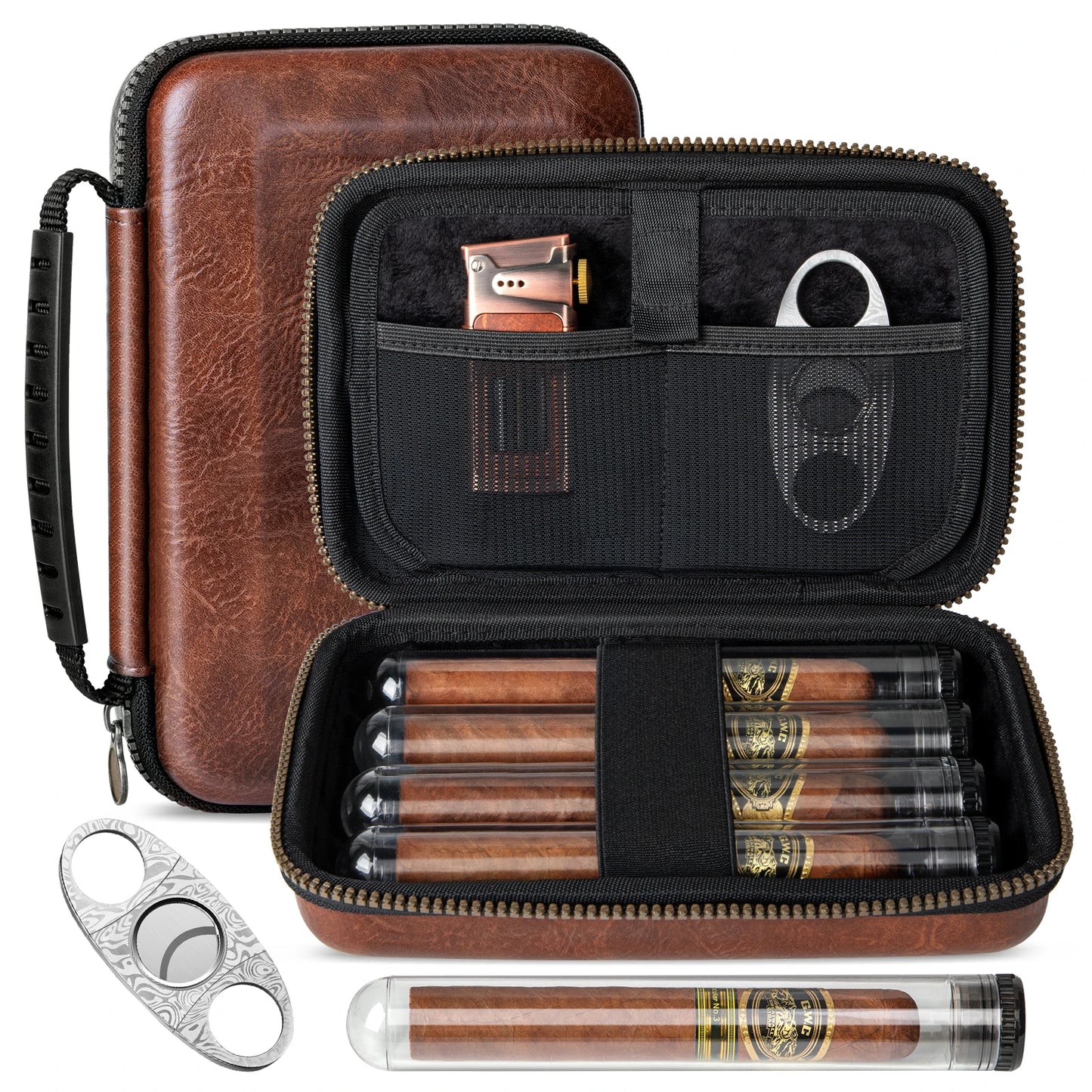 AWOTE Leather Travel Cigar Humidor with 4 Cigar Tube and Cigar Cutter,Cigar Accessories Gift Set for Men,Lighter not included