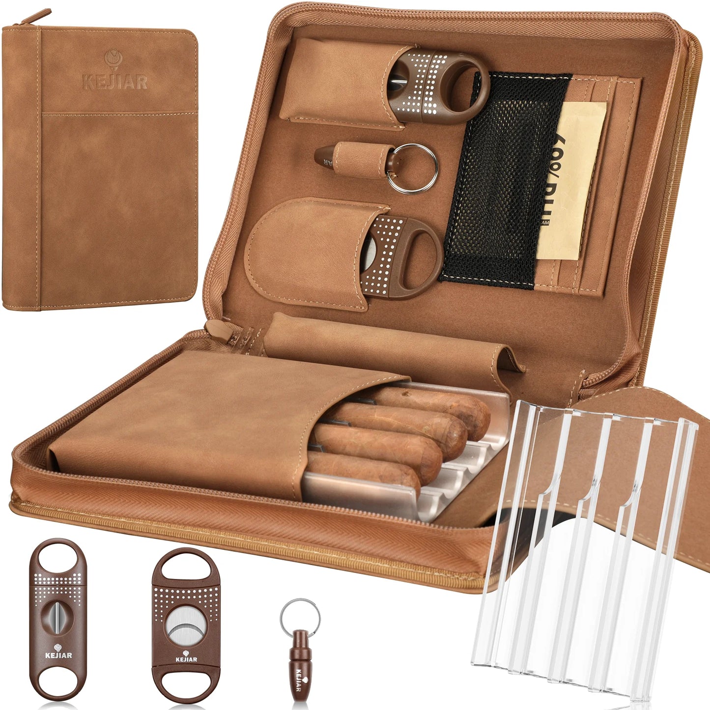 Portable Cigar Humidor Case with V Cutter,Straight Cigar Punch, Humidifier Packs for Travel