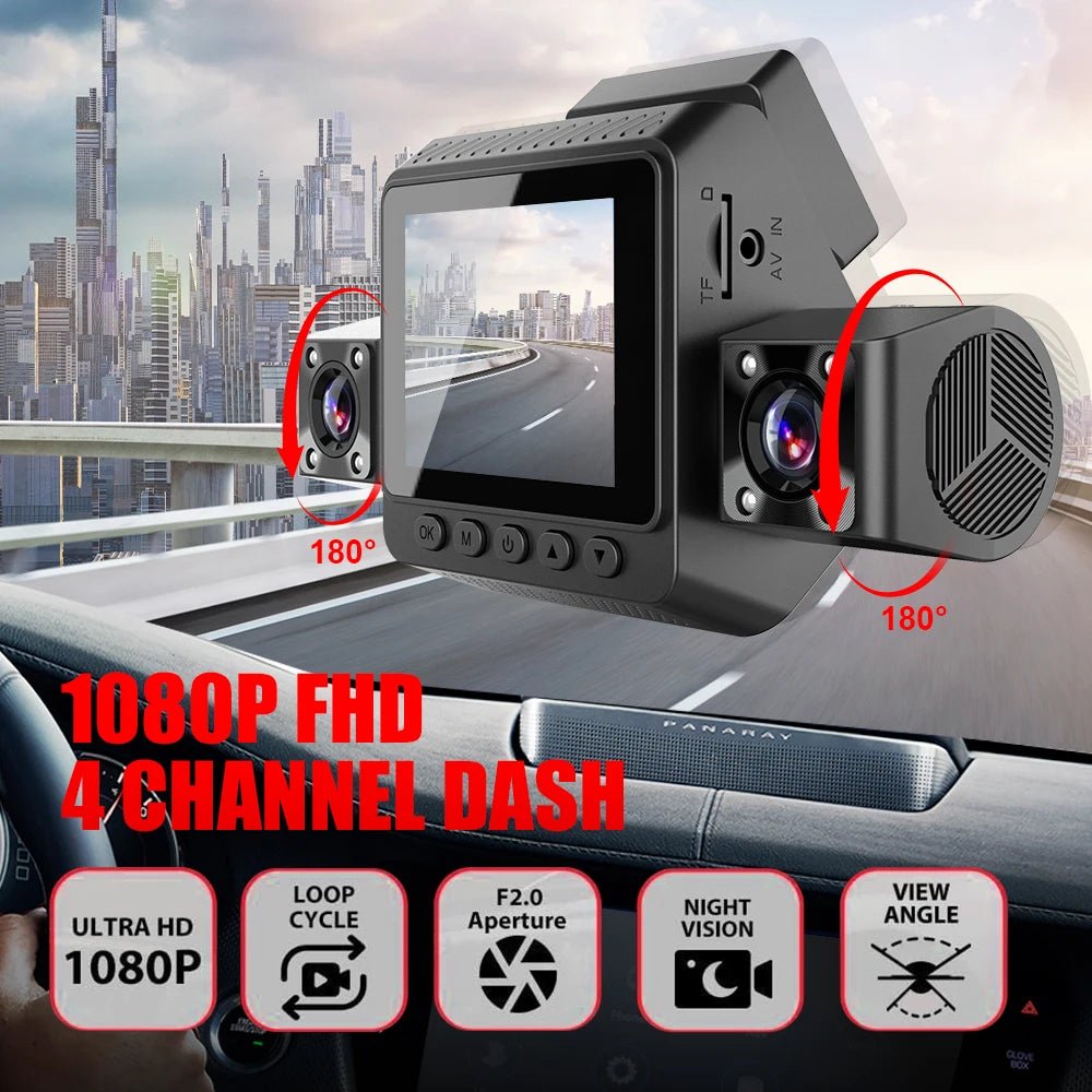 Car Dash Cam 4 Channel Black Box Driving Camera 1080P IPS Front Left Right Rear Night Vision Loop Recording 24H Parking Monitor