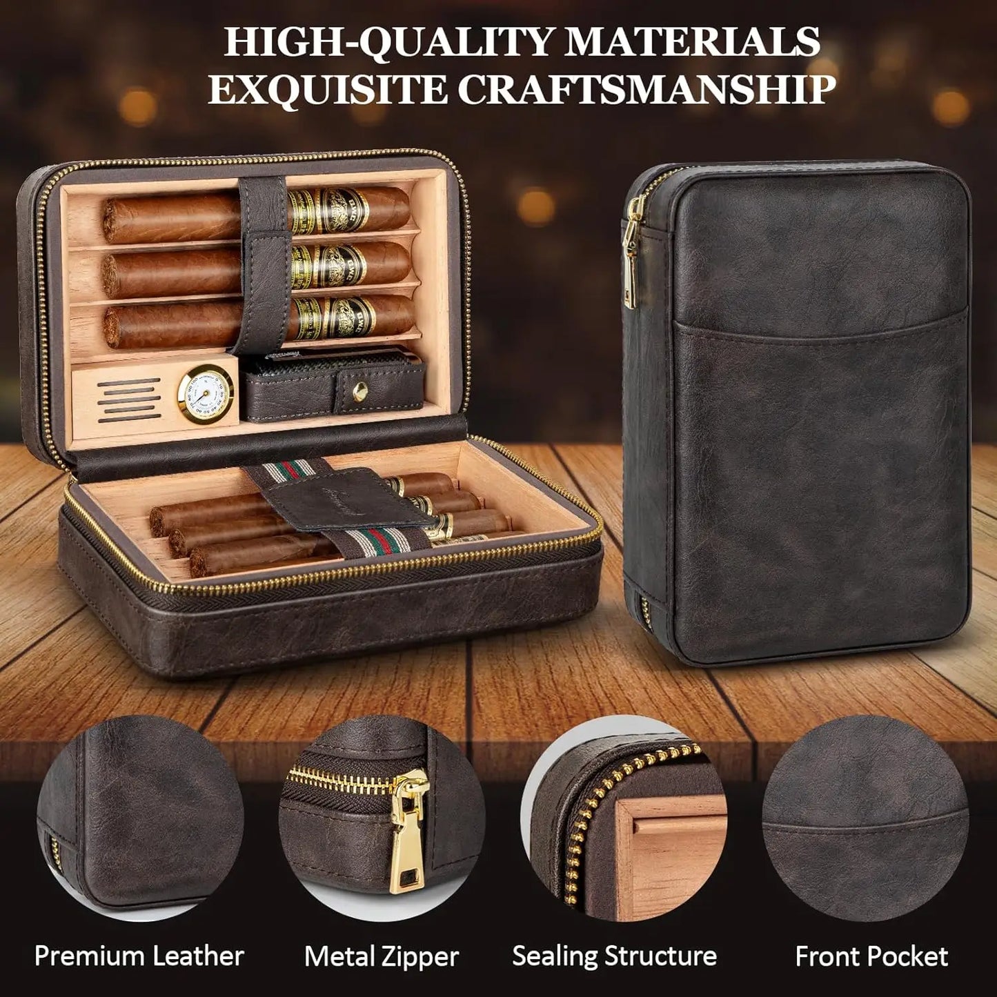 Travel Humidor Cigar Case&Cigar Lighter,Leather Cigar Case with Cedar Wood Tray,Hygrometer,Humidifier,Cigar Accessories for Men