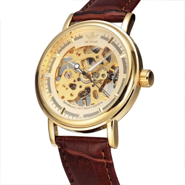 Men Mechanical Wristwatch, PU Leather Band, Mineral Reinforced Glass Wrist Watch forDaily Use