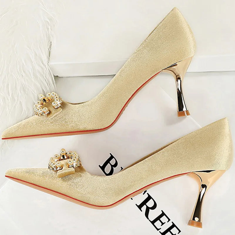 Women Low Heels Pumps Metal Chain Buckle Dress Shoes