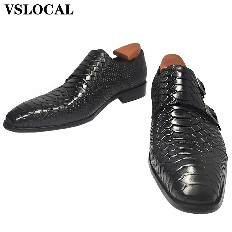 Luxury Men Loafers Shoes Slip On Snake Print Dress Mens Casual Shoes Black Blue Real Leather Double Monk Strap Shoes Man