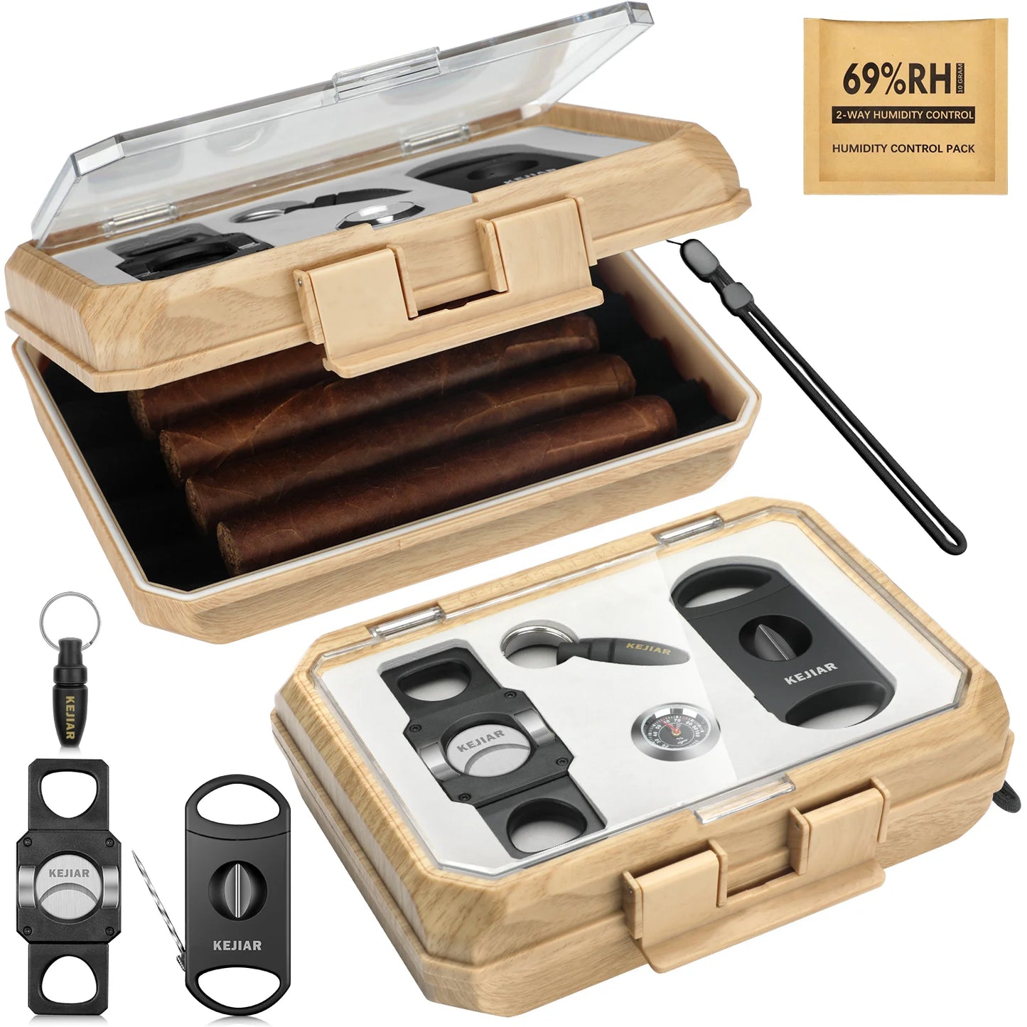 Travel Cigar Humidor Case Portable Cigar Box with Cigar Cutter V Cut,Cigar Cutter Straight Cut,Cigar Punch,Humidity Control Pack