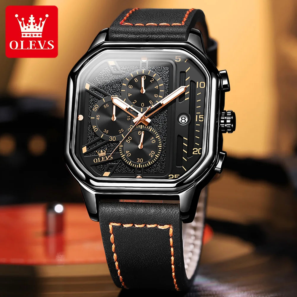OLEVS 9950 Watches for Men Quartz Chronograph Leather Fashion Dress Watch Date Waterproof Luminous Casual Square Man Wristwatch
