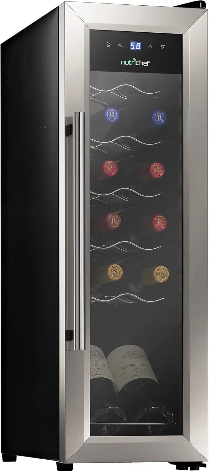 White & Red Cooler,Freestanding Countertop Compact Mini Wine Fridge Chiller Capacity, Digital Control,Glass Door,12 Bottle-Black