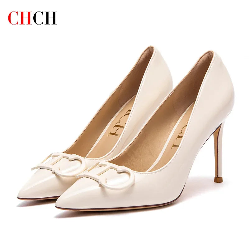 Woman High Heels New Pointed Metal Buckle Shoes