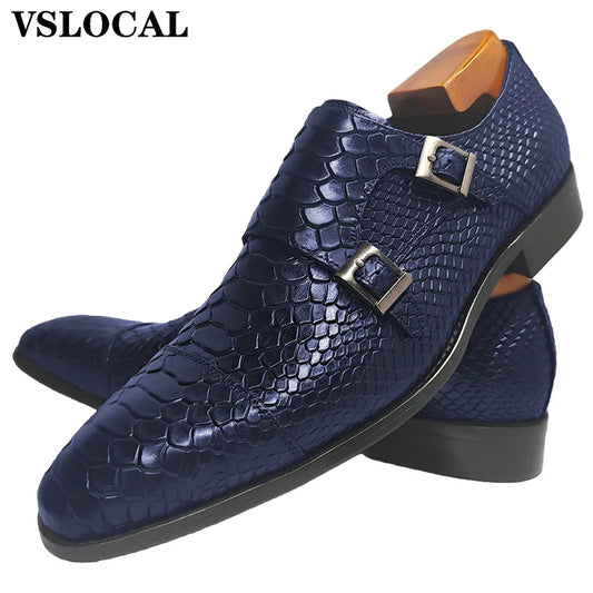 Luxury Men Loafers Shoes Slip On Snake Print Dress Mens Casual Shoes Black Blue Real Leather Double Monk Strap Shoes Man