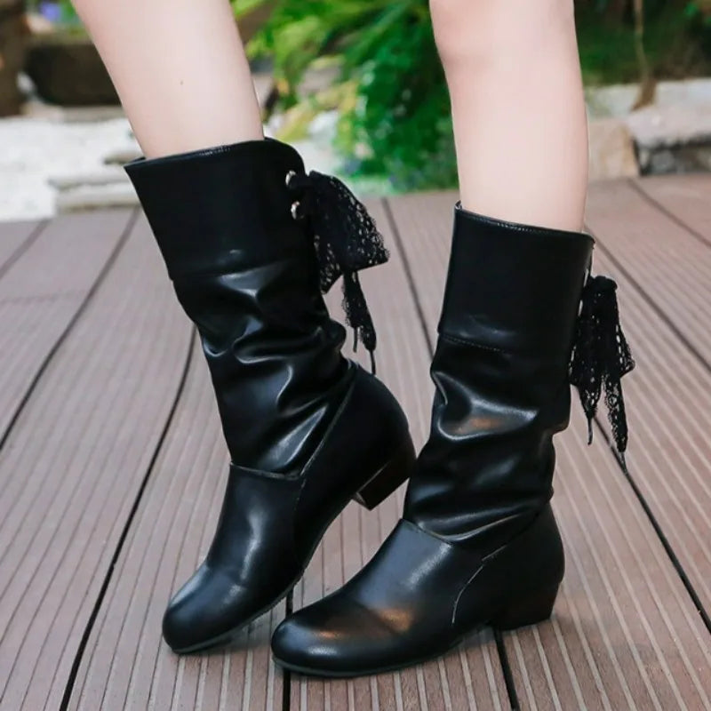 Women Versatile Boots Autumn Casual Back Lace-Up Mid-calf Boots Fashion Pleated Pu Leather Low Heel Botas Woman Large Size Shoes