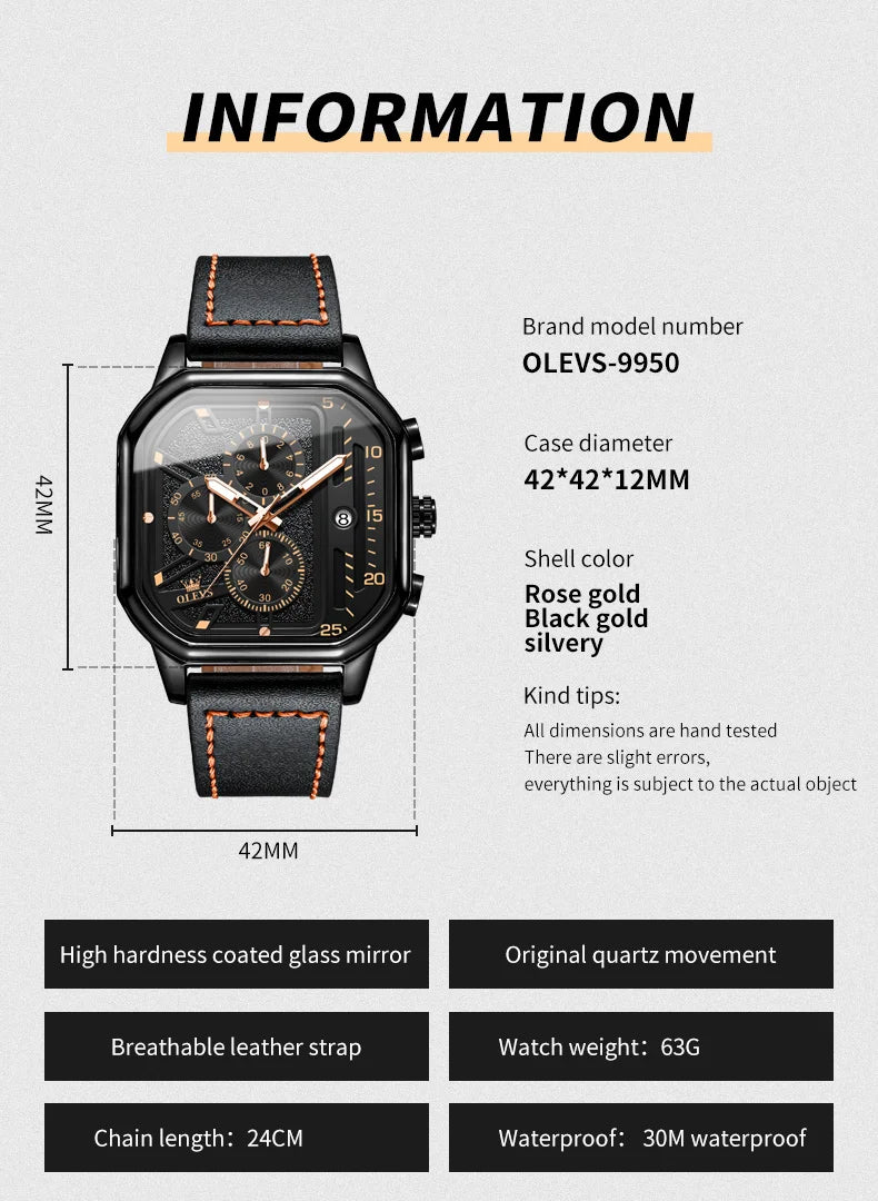 OLEVS 9950 Watches for Men Quartz Chronograph Leather Fashion Dress Watch Date Waterproof Luminous Casual Square Man Wristwatch