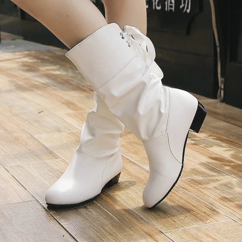 Women Versatile Boots Autumn Casual Back Lace-Up Mid-calf Boots Fashion Pleated Pu Leather Low Heel Botas Woman Large Size Shoes