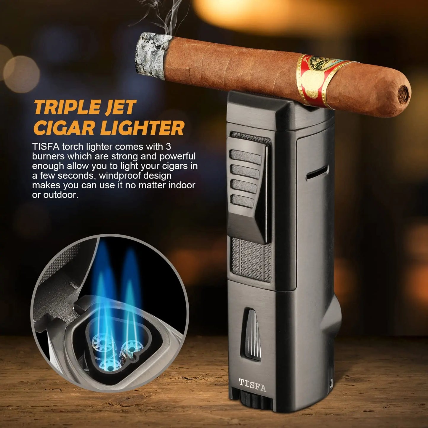 Torch Lighter Triple Jet Flame, Cigar Punch, Cigar Holder, Refillable Butane Cigar Lighter,Windproof Pocket Lighters for Smoking