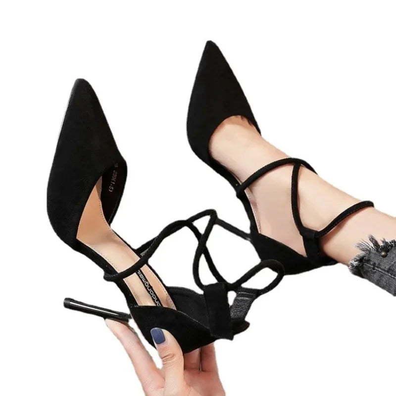 New Cross-strap Roman Sandals Suede High Heels Women's Shoes One-line Buckle