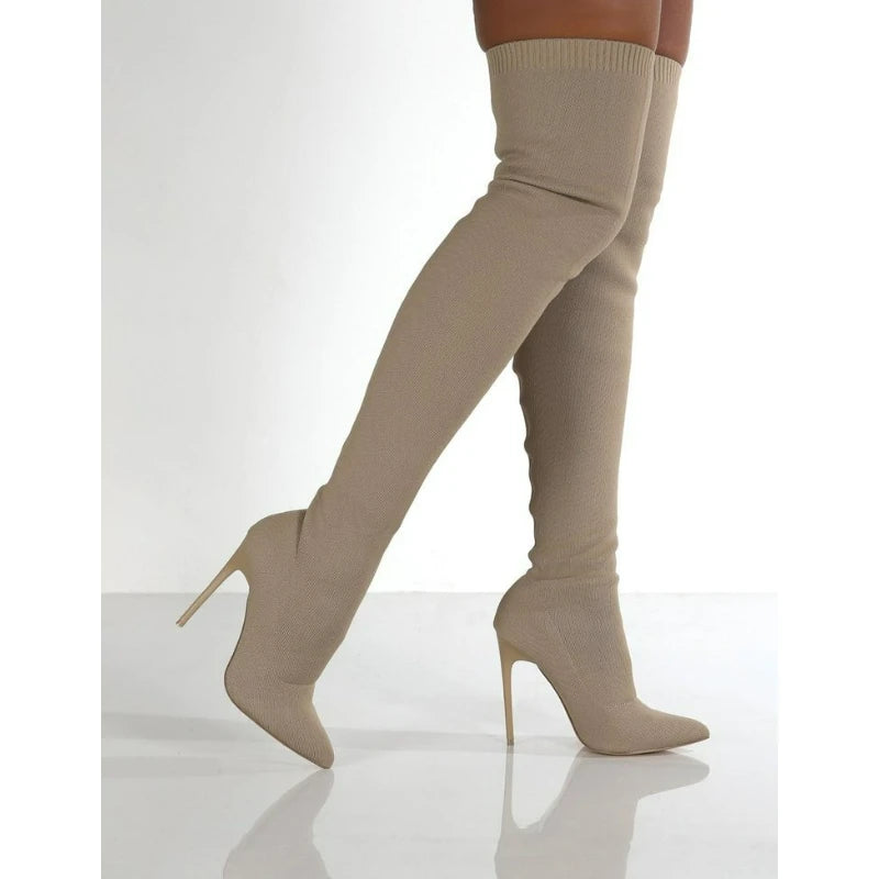 Over The Knee Women Boots Stretch Fabrics High Heels Slip on Shoes Sexy Party Boots Pointed Toe Socks Long Boots Botas Feminina
