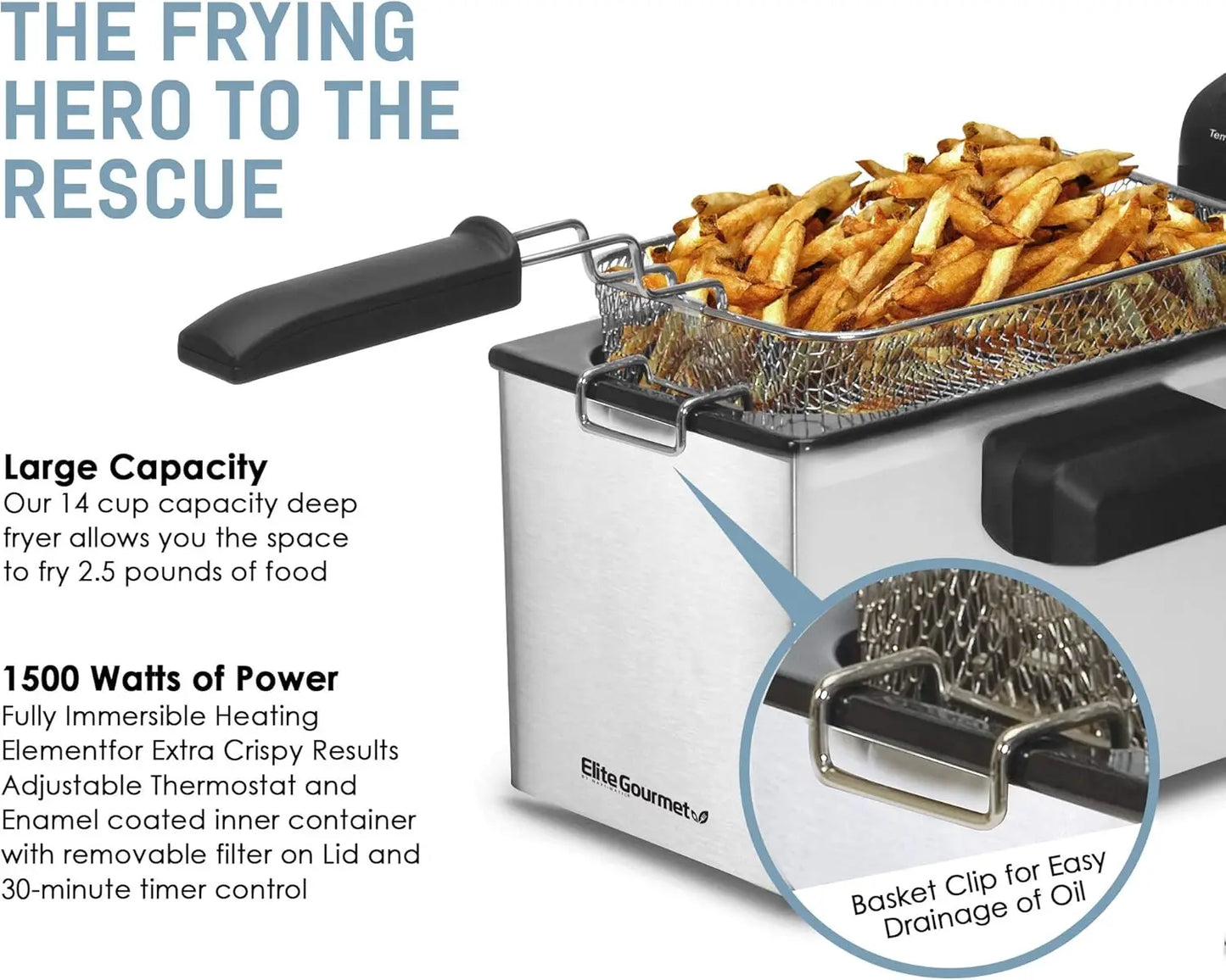 Electric Immersion Deep Fryer. Removable Basket, Timer Control Adjustable Temperature, Lid with Viewing Window and Odor Free