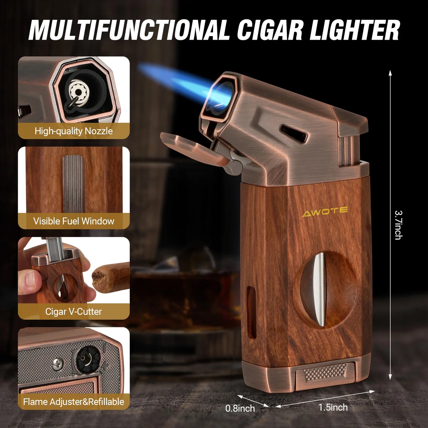 AWOTE Travel Cigar Humidor with Lighter,Cedar Wood,V Cut Cigar Cutter,Portable Cigar Humidor with Humidifier&Hygrometer