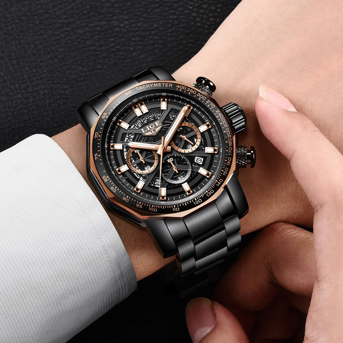 LIGE Mens Watches Top Brand Luxury Wrist Watches For Men Gold Big Golden Male Chronograph Wristwatch Man Relogios Masculino