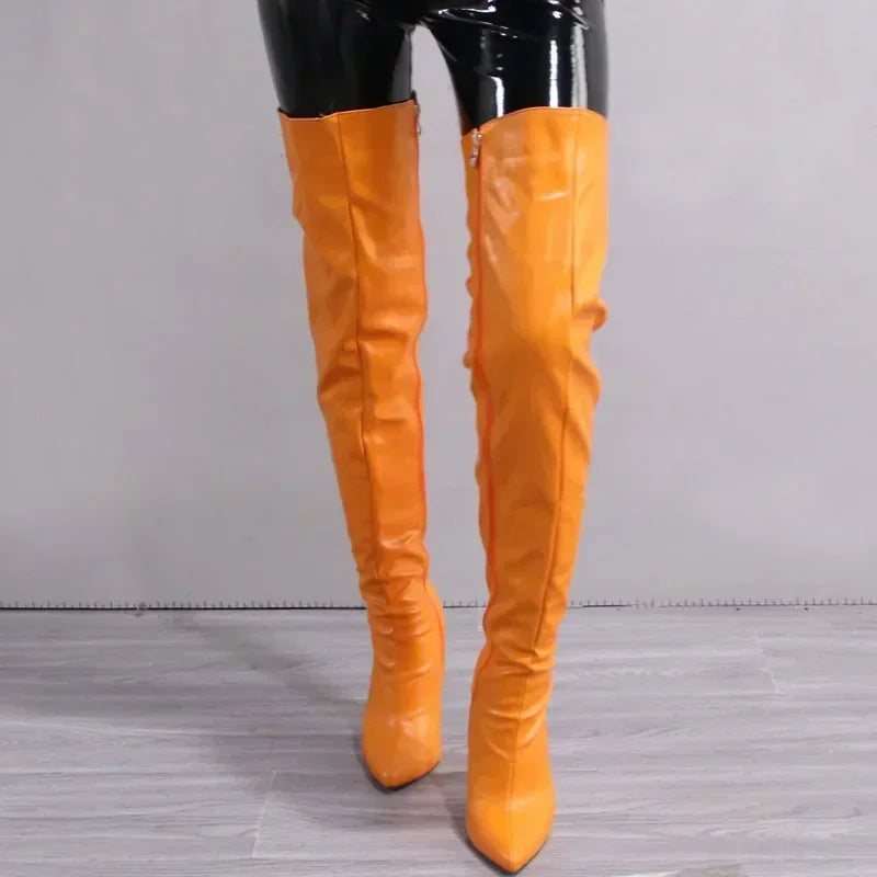 New Women Over The Knee Boots Sexy Pointed Tip Stretch Boots Luxury Stack High Heeled Boots for Woman Designer Shoes Botas Mujer